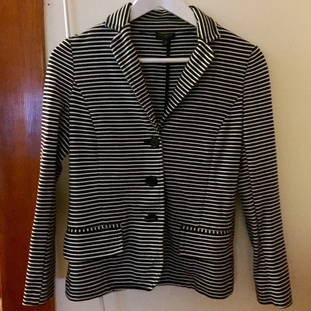 Striped Knit Blazer Jacket with Navy Buttons